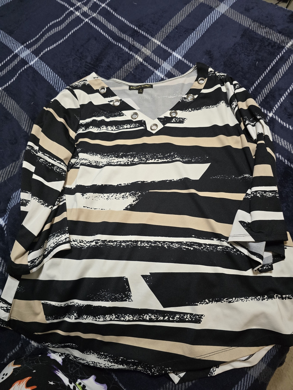 Striped V-Neck Blouse with Grommet Detail - Black, Cream & Tan